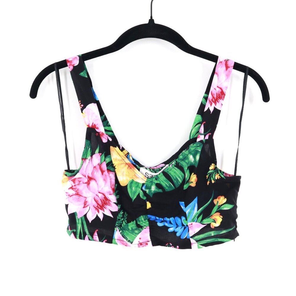Seek The Label Tropical Crop Top Womens XS Black‎ Hibiscus Hawaii Cruise NWT